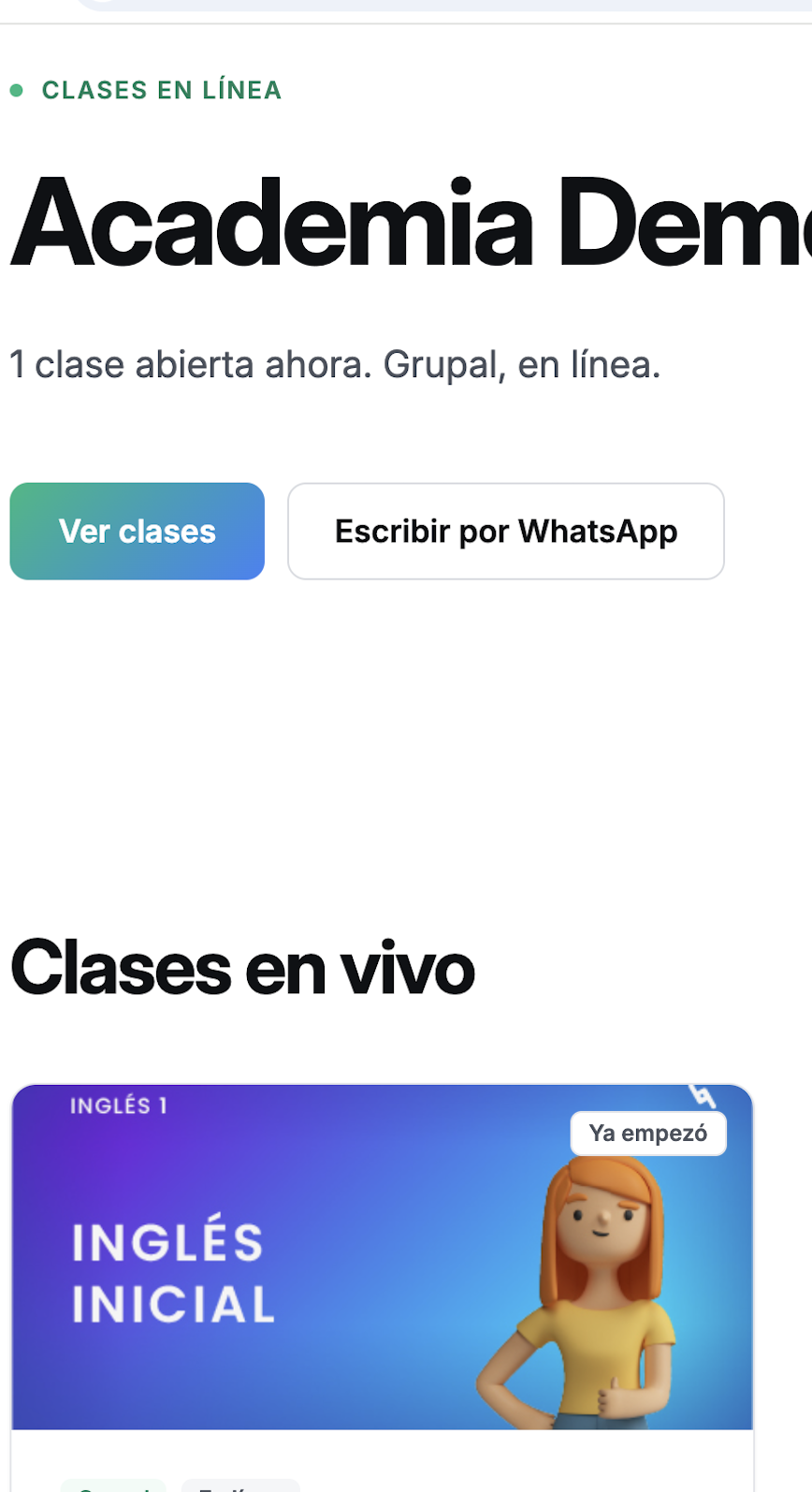 Página pública de la academia en móvil